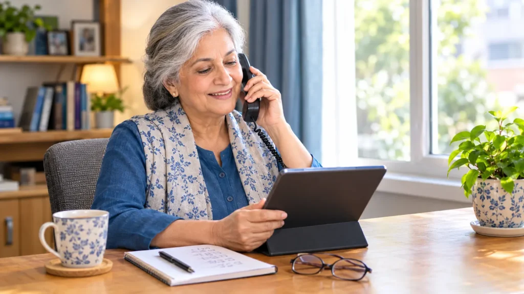 Senior woman calling her bank while comparing the best high yield savings account for seniors 2026 on a tablet
